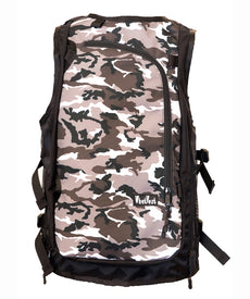 Introducing the WhatVest - Snow Camo by Icelantic Skis: This backpack features a snow camouflage pattern in shades of brown, black, and white, complemented by black trim. Inspired by the practicality of a ski utility vest, it includes a diagonal front zipper pocket, side straps for added functionality, and a discreet WateLves logo on the lower front.