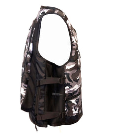The WhatVest - Snow Camo by Icelantic Skis is a snowboard utility vest featuring a black, white, and gray camouflage pattern, mesh sides, and adjustable straps. It is shown from the side against a white background.